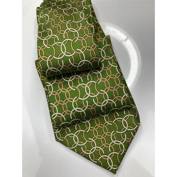 CHANEL Olive & Tan 100% Silk Tie - Picture 1 of 3